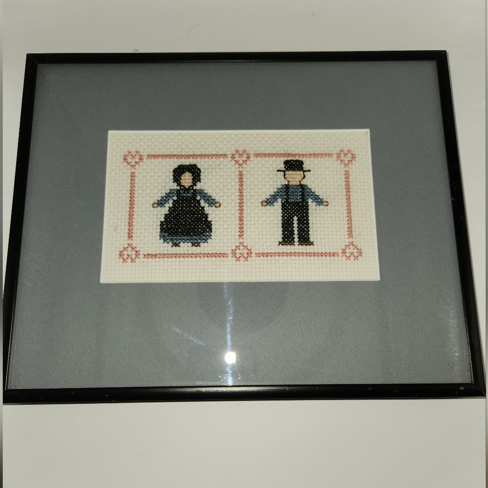 Framed Cross Stitched Amish Man & Woman - Picture 2 of 3